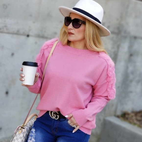 Pink Sweater Top With Fur Trim - Picture 2 of 4